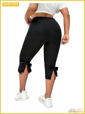 Plus Size Bow High Waist Capri Leggings Yoga Pants Stretchy Split Hem